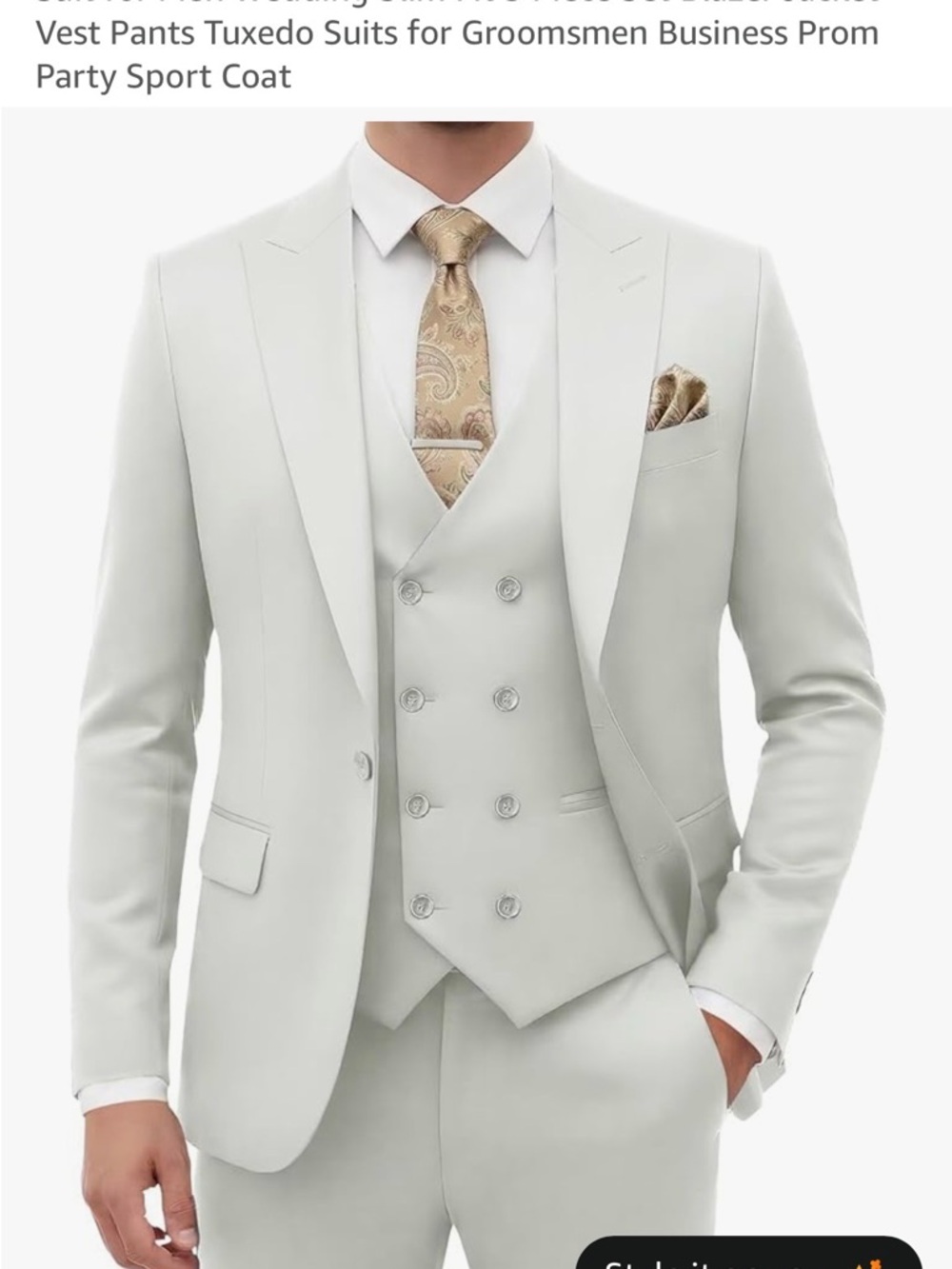 Men's Ivory Three-Piece Suit with Vest and Peak Lapel